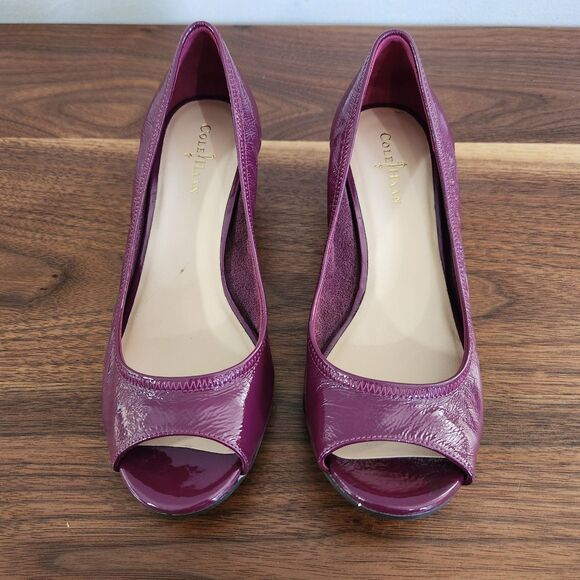 Cole Haan Womens Maroon Purple Peep Toe Wedge Heel Pumps Leather Size 6 - Picture 5 of 9
